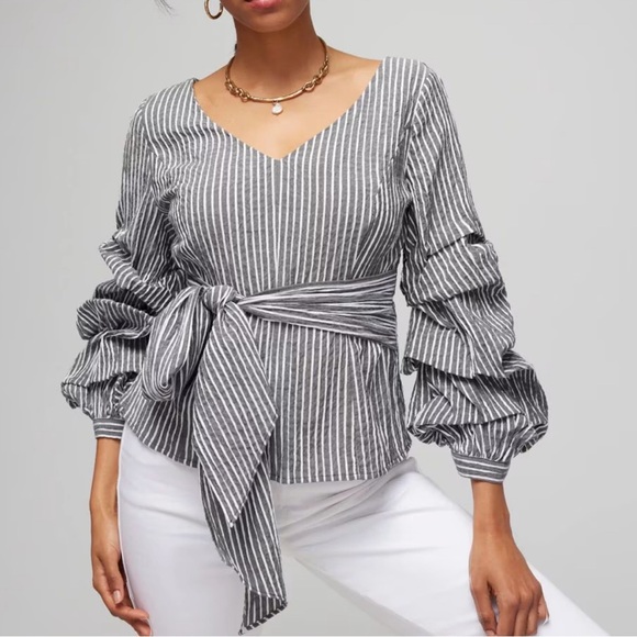 WHBM White House Black Market Blouse Top Popover Knit Seersucker Striped‎ Cotton - Picture 7 of 7